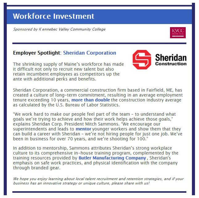 Image of Workforce Investment article about Sheridan Corporation.