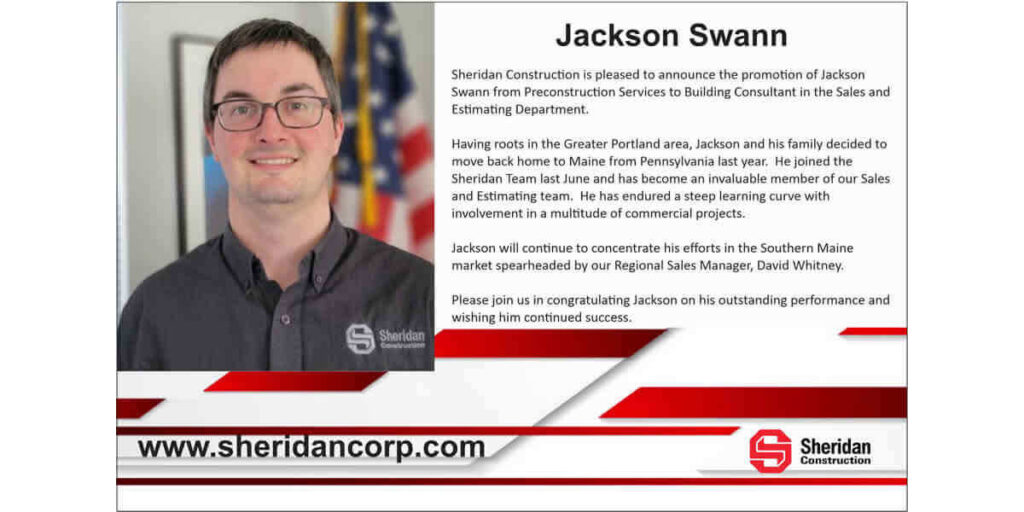 Sheridan Construction's announcement of Jackson Swan's promotion.