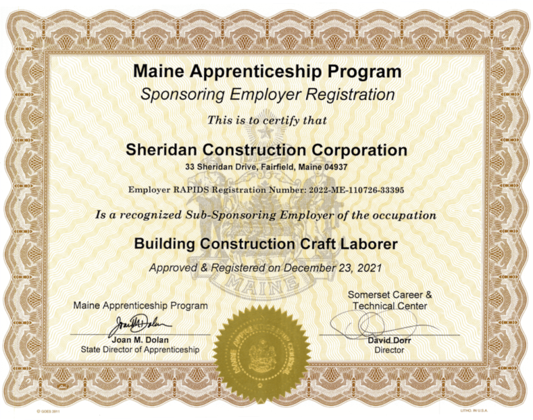 Maine Apprenticeship Program certificate.