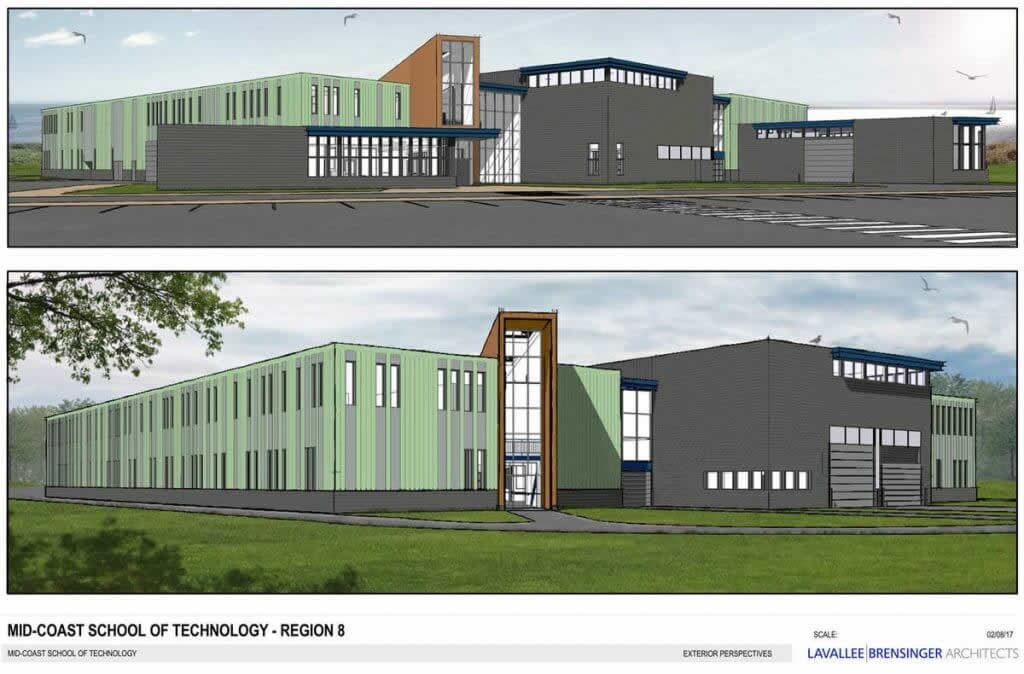 Drawing of two story building at Mid-Coast School of Technology.