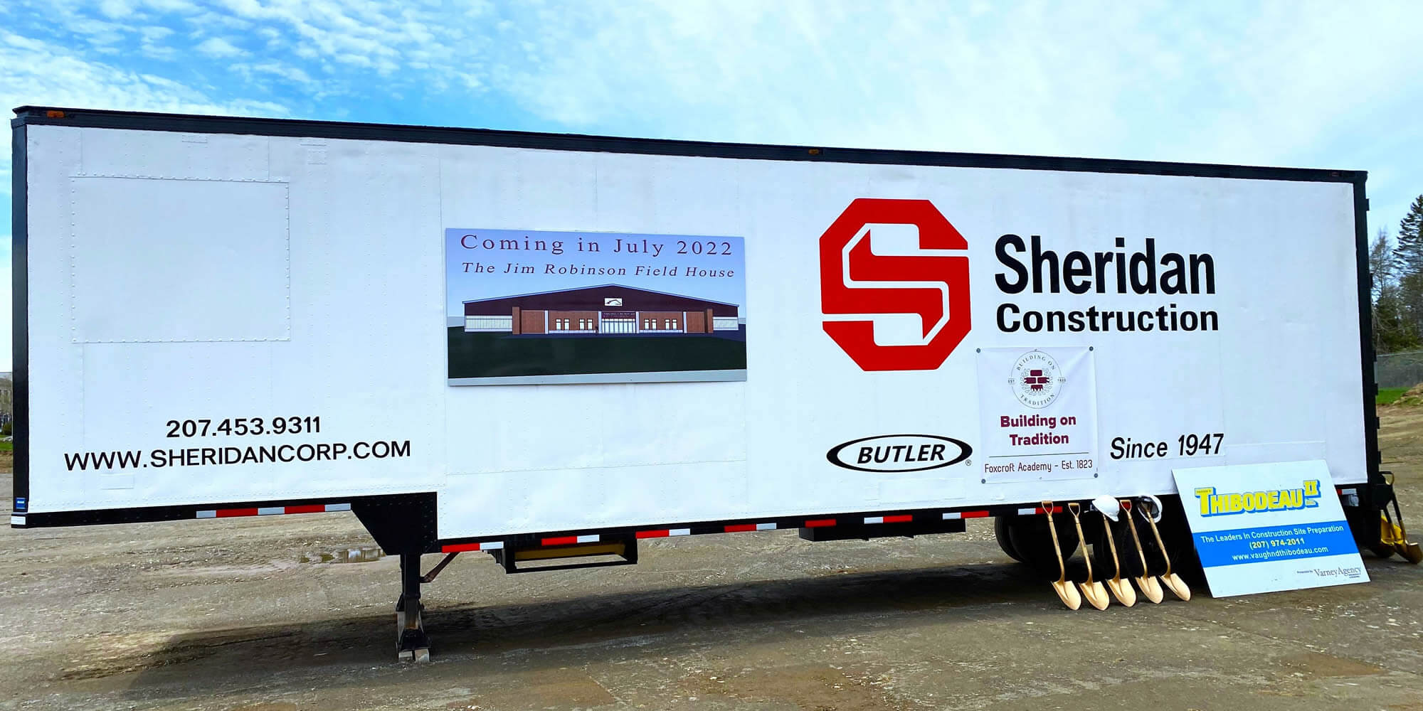 Sheridan trailer announcing the Jim Robinson Field House ground breaking.