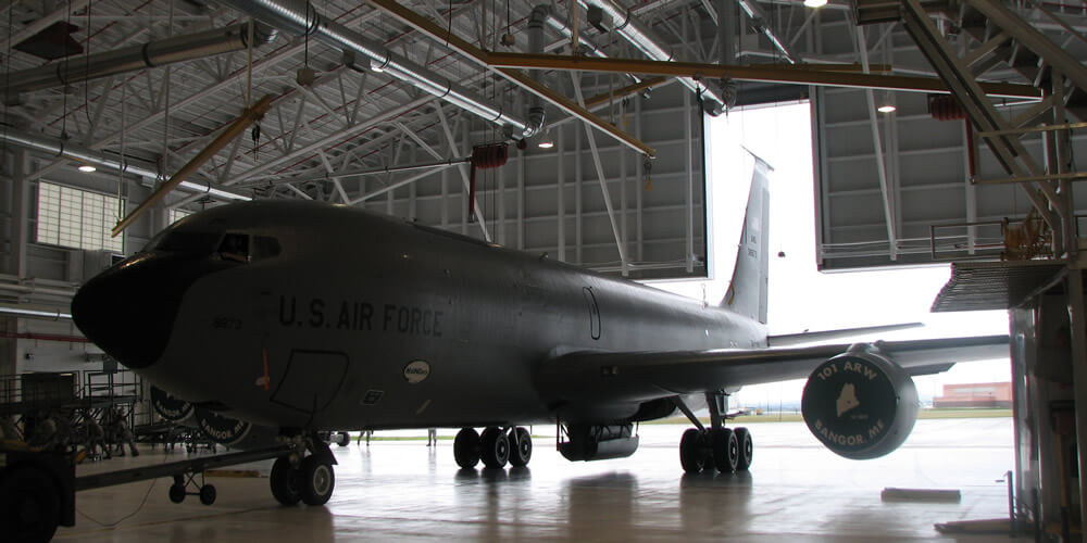 Bangor Air National Guard Hanger interior with US Air Force plane.
